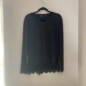 G by Giuliana Womens Long Sleeve Lace Trim Knit Top Hi/Low Lace Hem Black SMALL